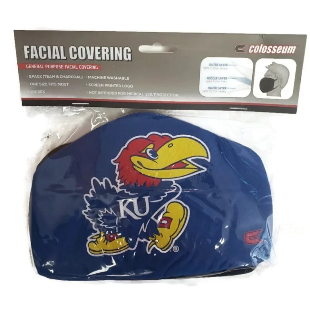 Colosseum NCAA Kansas Jayhawks Licensed Face Covering 2 Pack Reusable Gray Blue